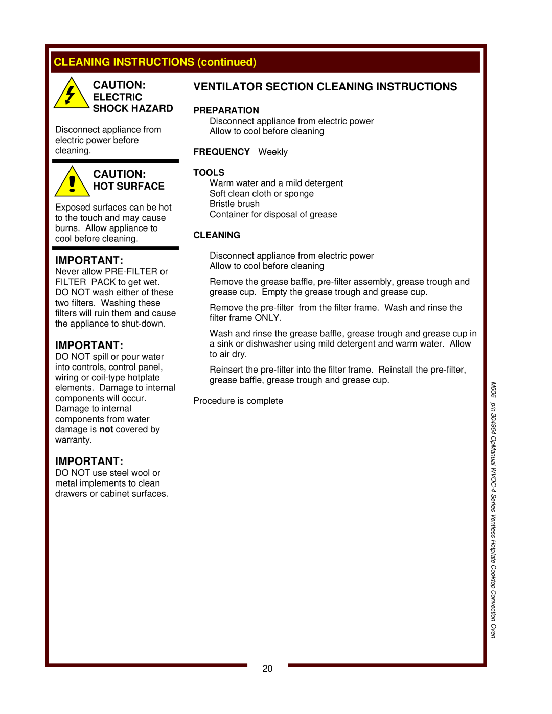 Wells WVOC-4HS CLEANING INSTRUCTIONS continued, Ventilator Section Cleaning Instructions, Electric Shock Hazard 