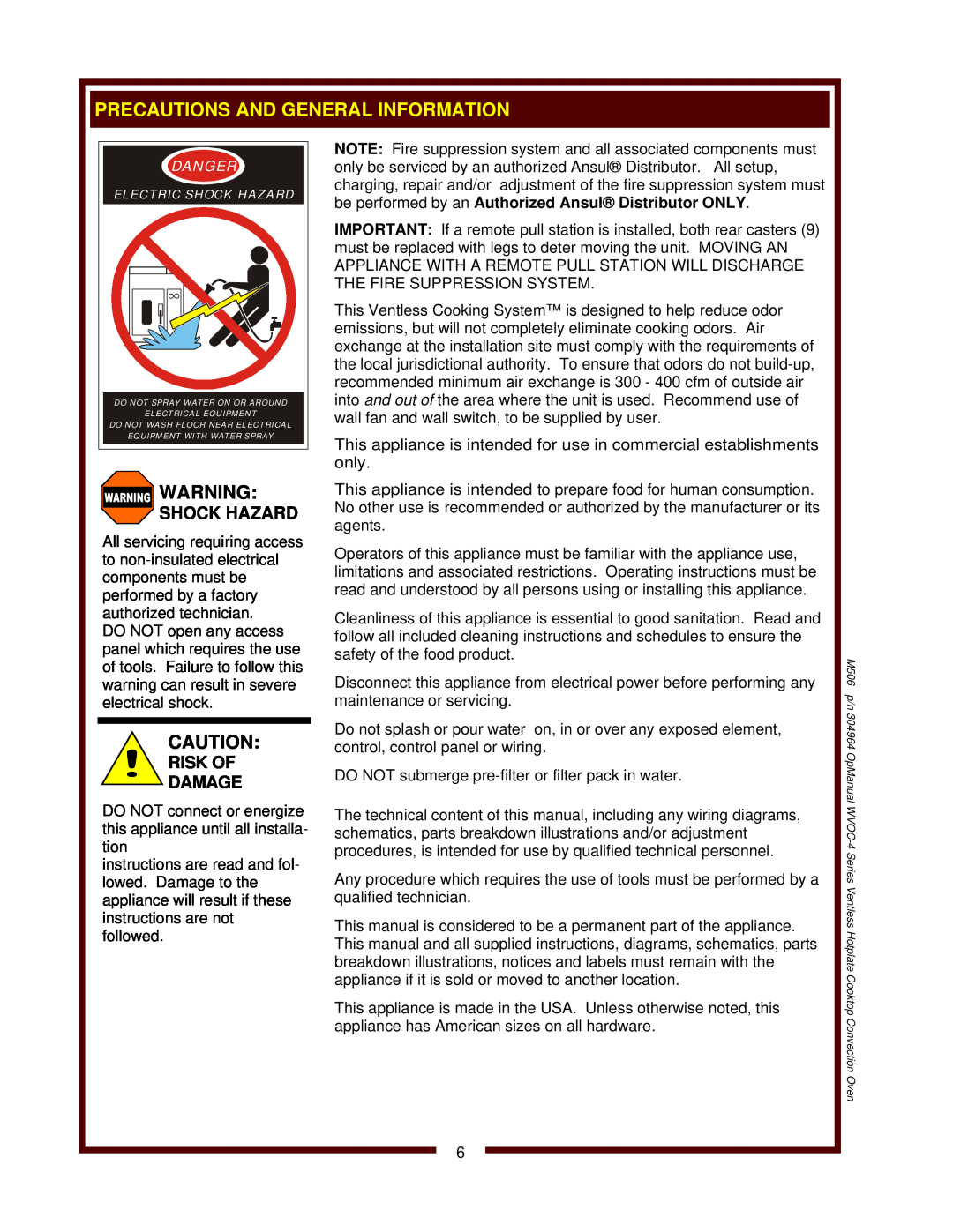 Wells WVOC-4HS operation manual Shock Hazard, Risk Of Damage 