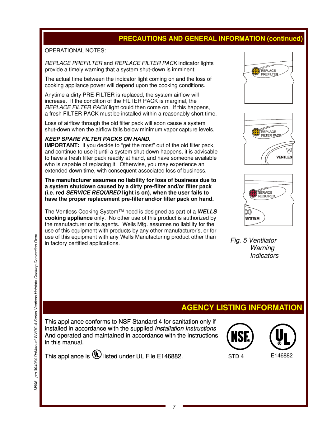Wells WVOC-4HS operation manual Ventilator, Indicators 