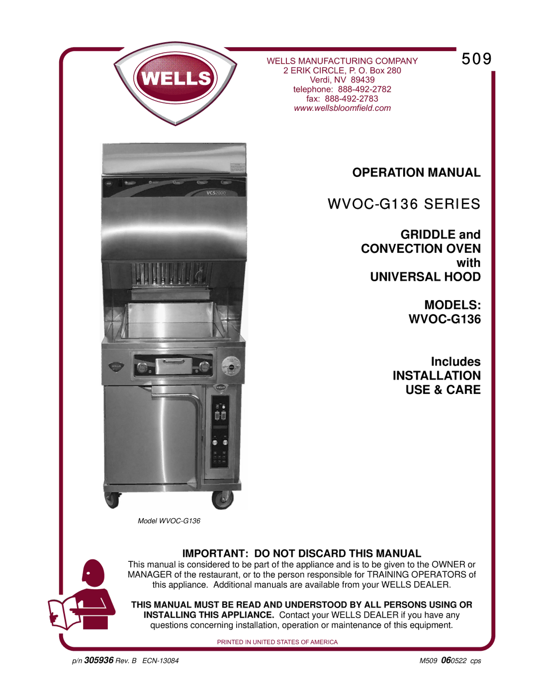 Wells WVOC-G136 operation manual 509, Important do not Discard this Manual 