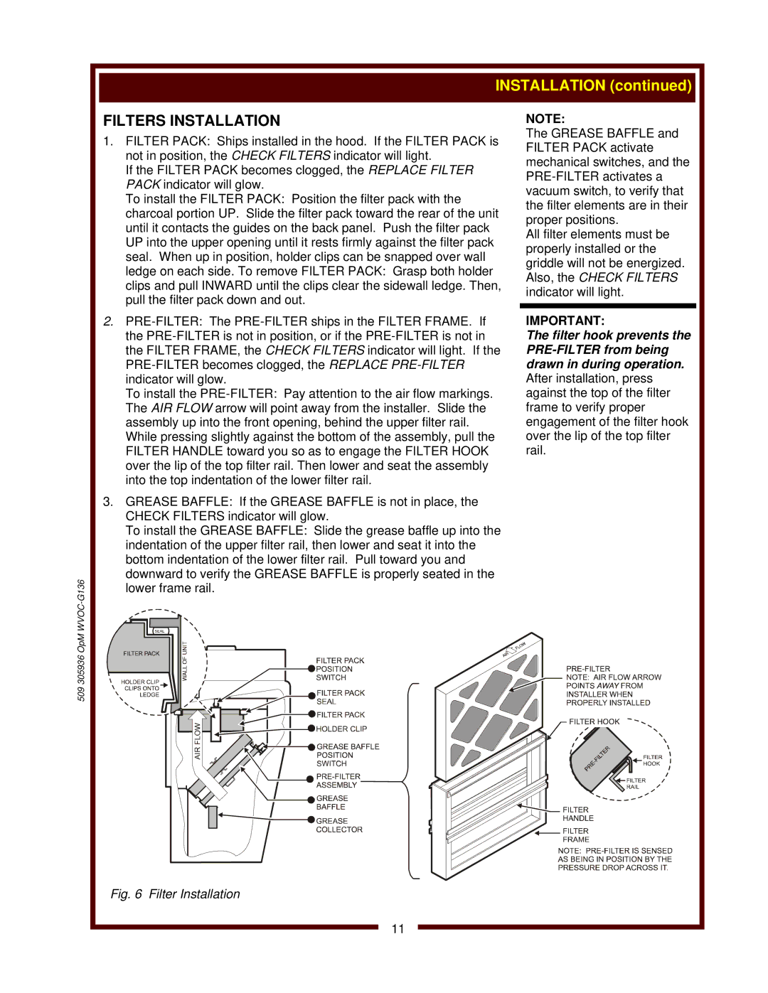 Wells WVOC-G136 operation manual Filter Installation 