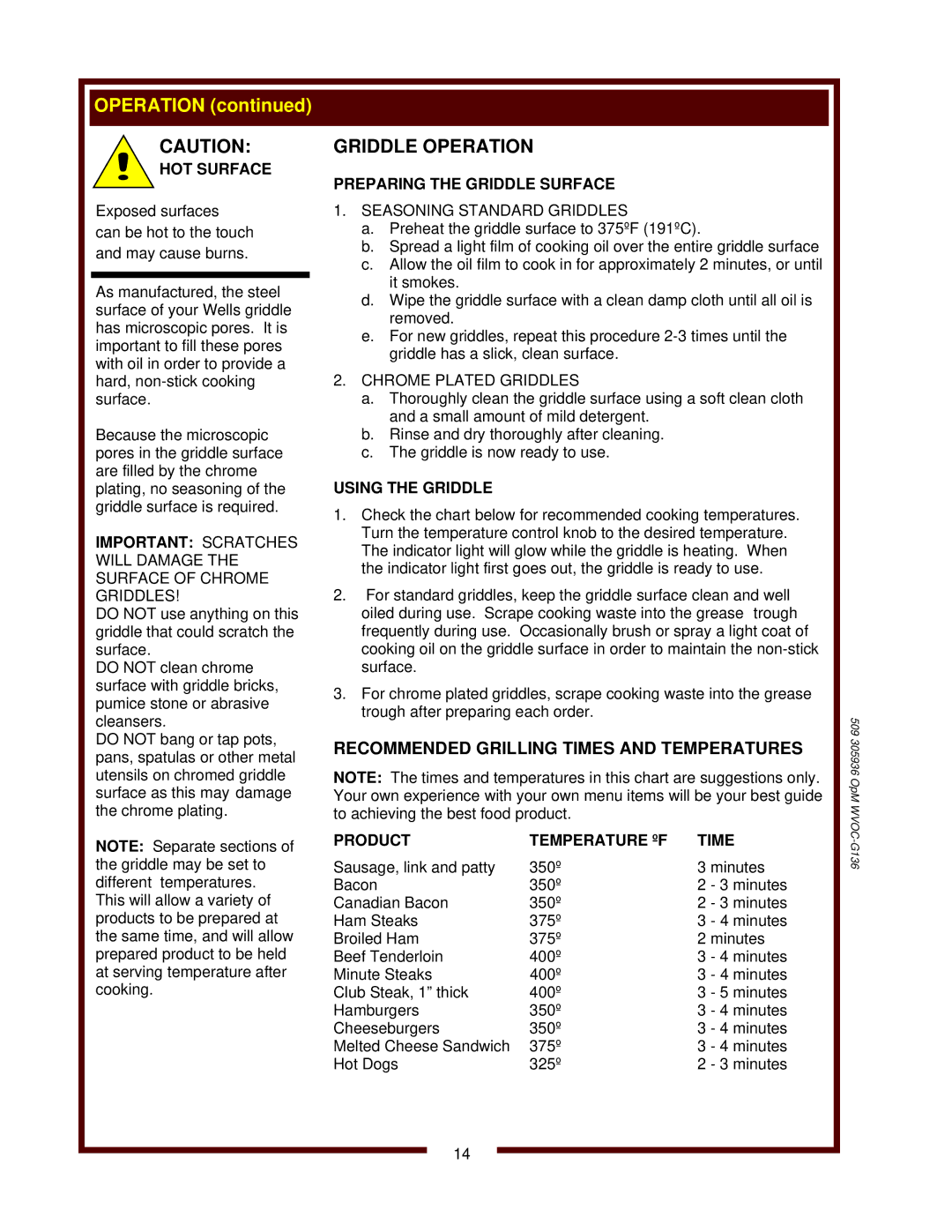 Wells WVOC-G136 operation manual Griddle Operation, Preparing the Griddle Surface, Using the Griddle, Product, Time 