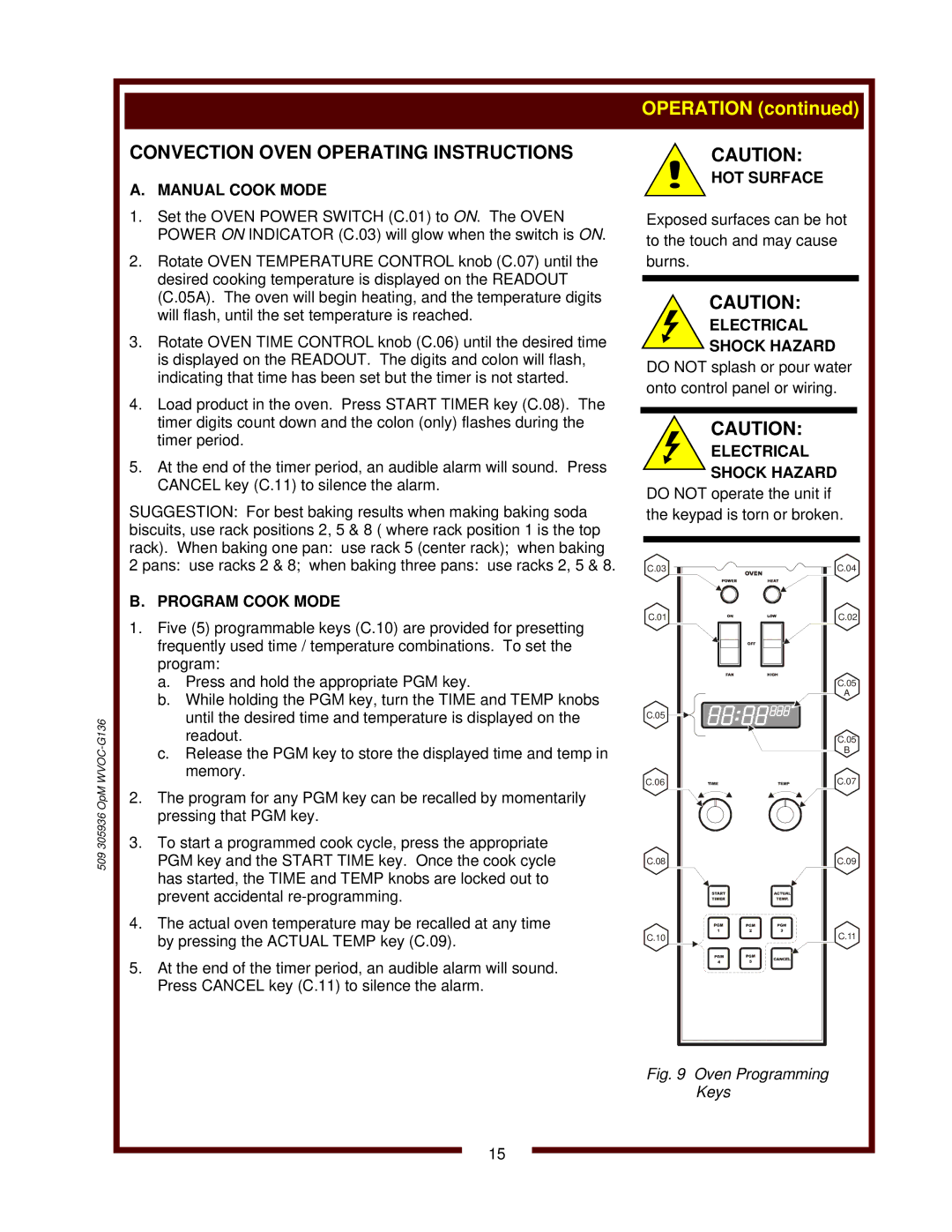 Wells WVOC-G136 operation manual Convection Oven Operating Instructions, Manual Cook Mode, Program Cook Mode, Electrical 