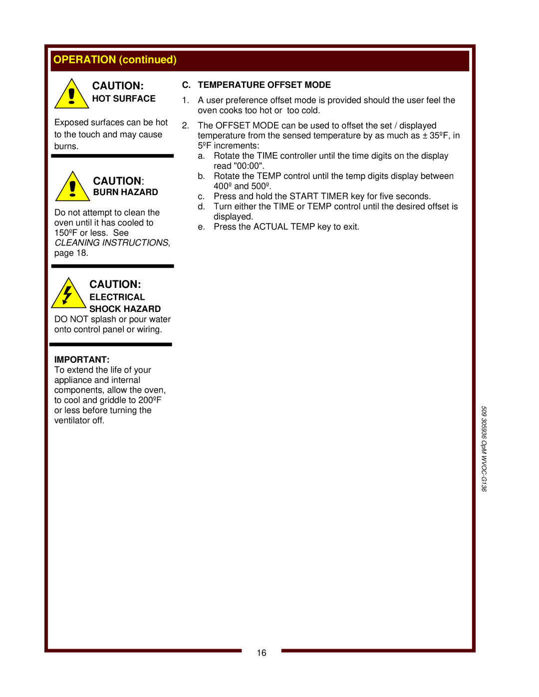 Wells WVOC-G136 operation manual Burn Hazard, Temperature Offset Mode 