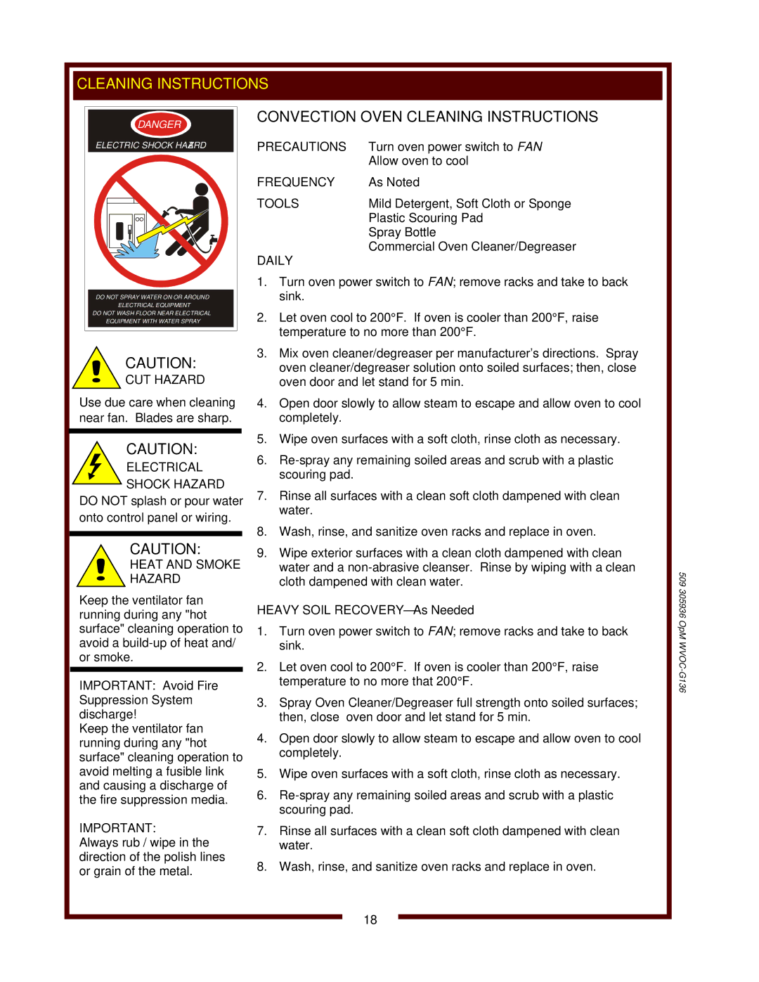 Wells WVOC-G136 operation manual Convection Oven Cleaning Instructions 