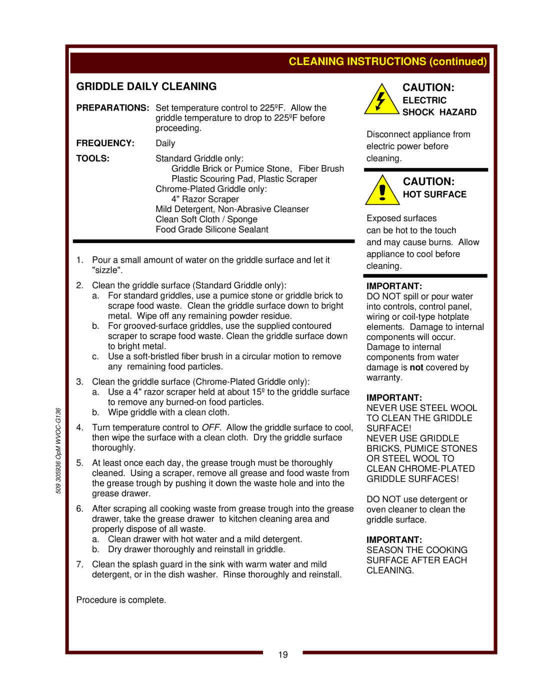 Wells WVOC-G136 operation manual Cleaning Instructions 