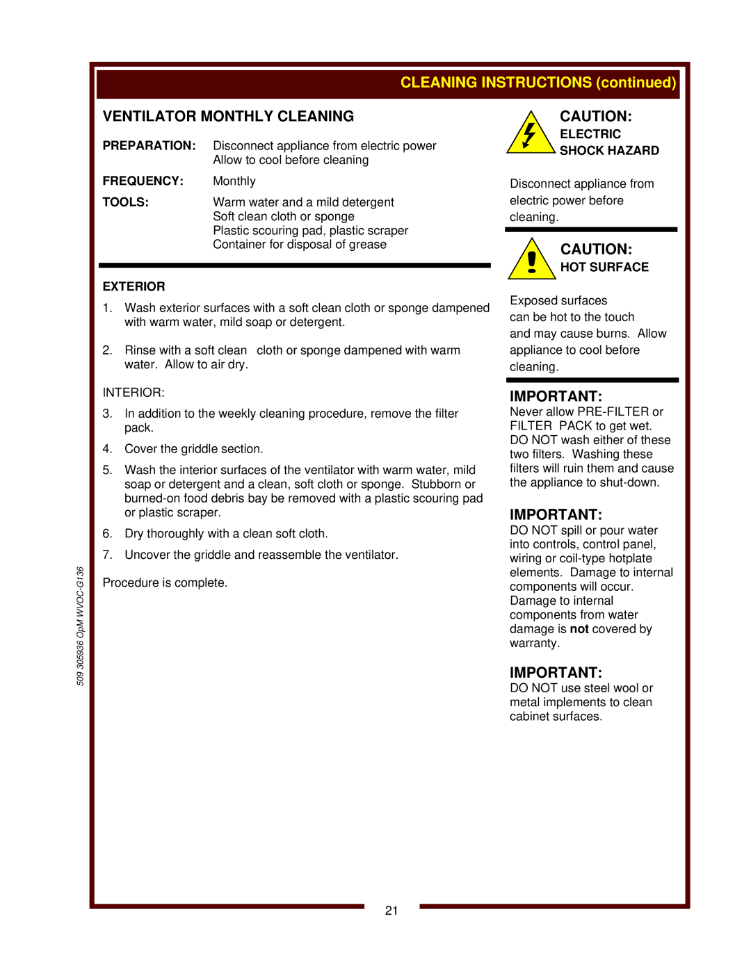 Wells WVOC-G136 operation manual Ventilator Monthly Cleaning, Frequency Monthly, Exterior, Interior 