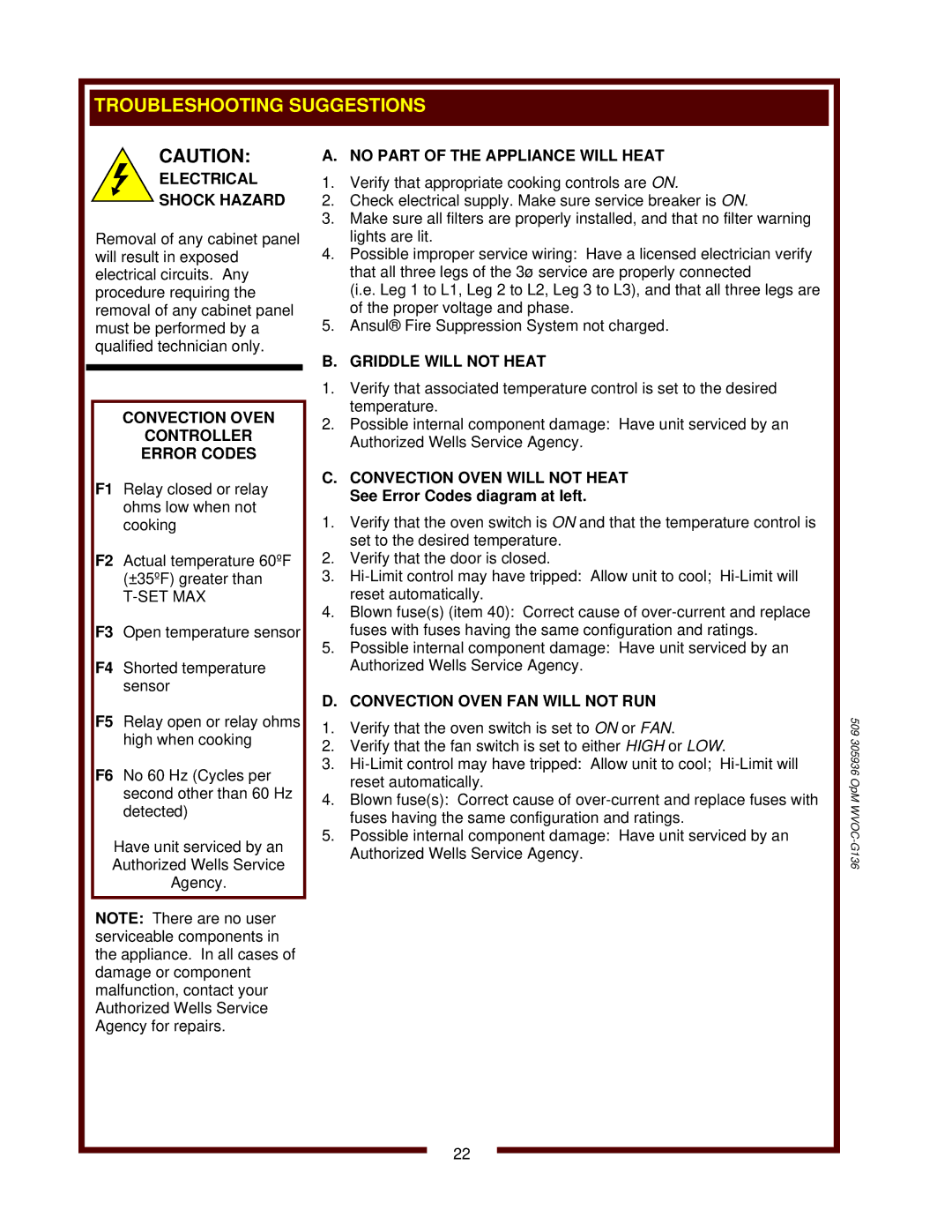 Wells WVOC-G136 operation manual Troubleshooting Suggestions, No Part of the Appliance will Heat, Griddle will not Heat 