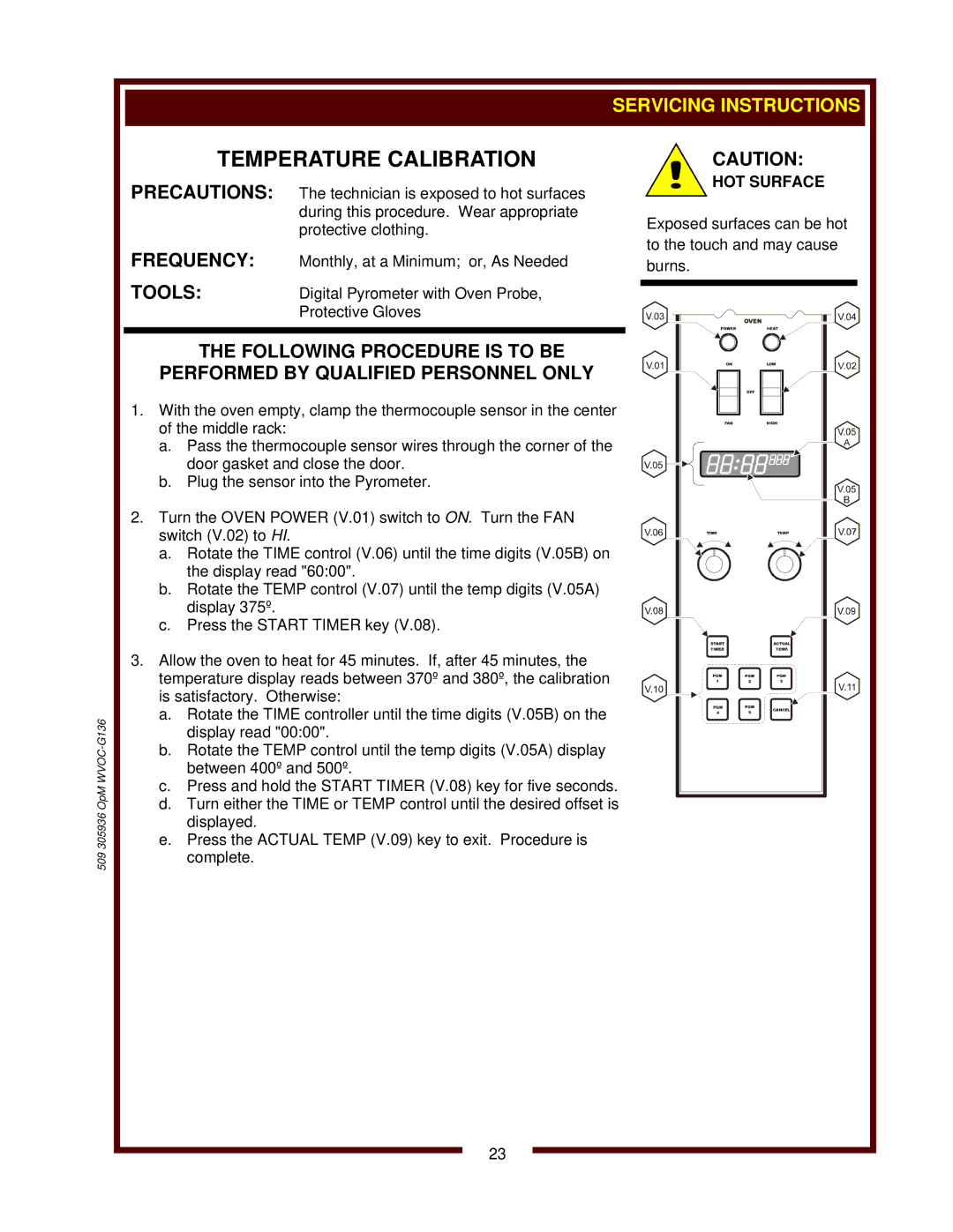 Wells WVOC-G136 operation manual Temperature Calibration, Servicing Instructions 