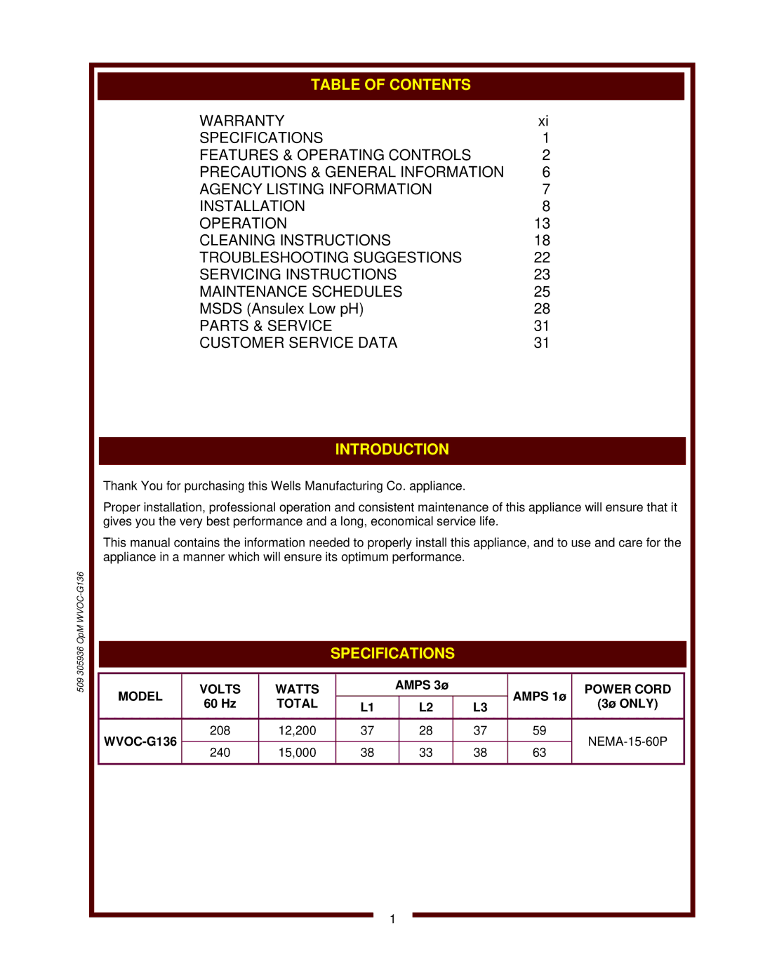 Wells WVOC-G136 operation manual Introduction, Model Volts Watts, Power Cord, Total 