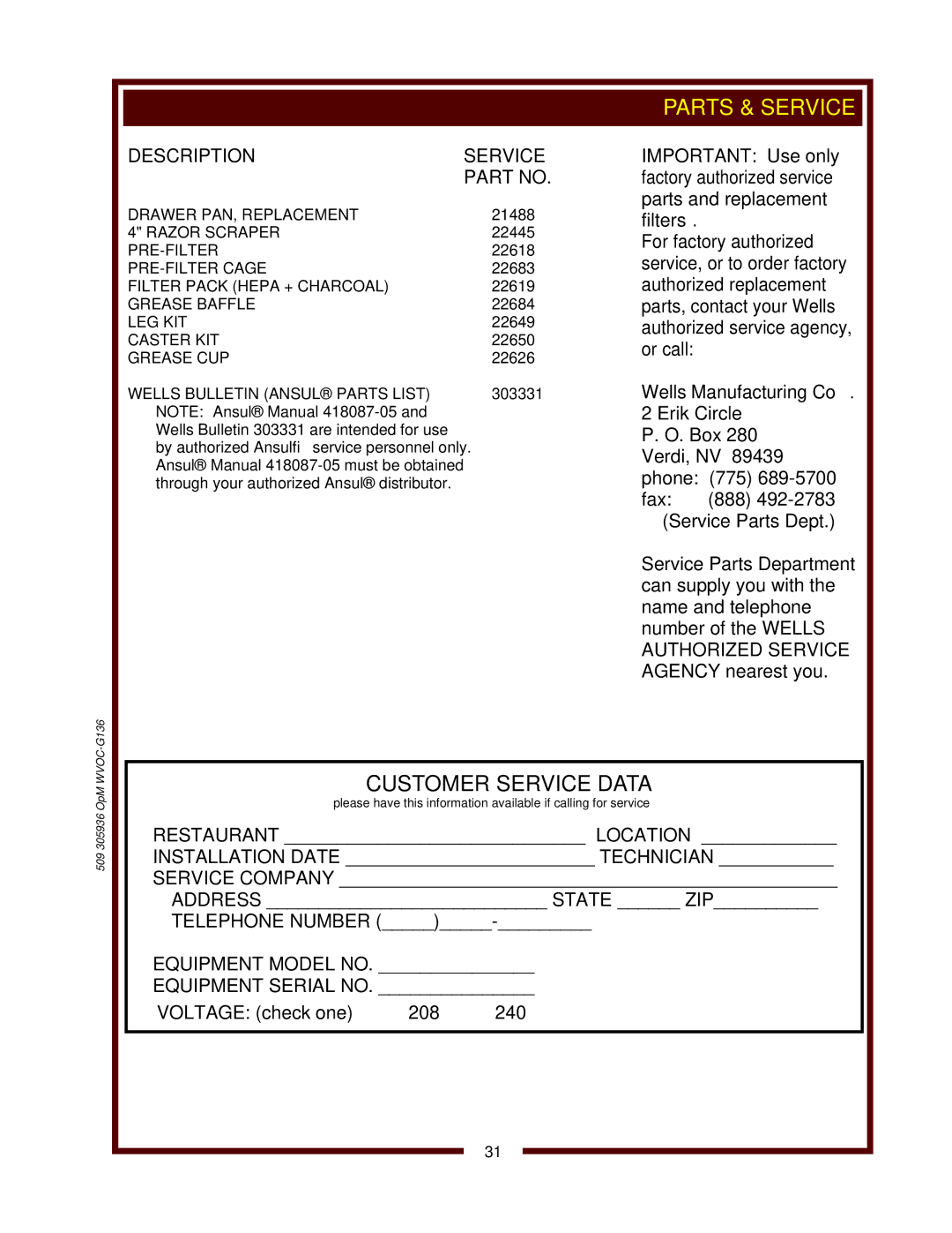 Wells operation manual 509 305936 OpM WVOC-G136 