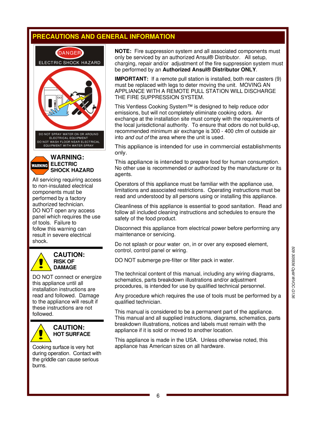 Wells WVOC-G136 operation manual Electric Shock Hazard, Risk Damage, HOT Surface 