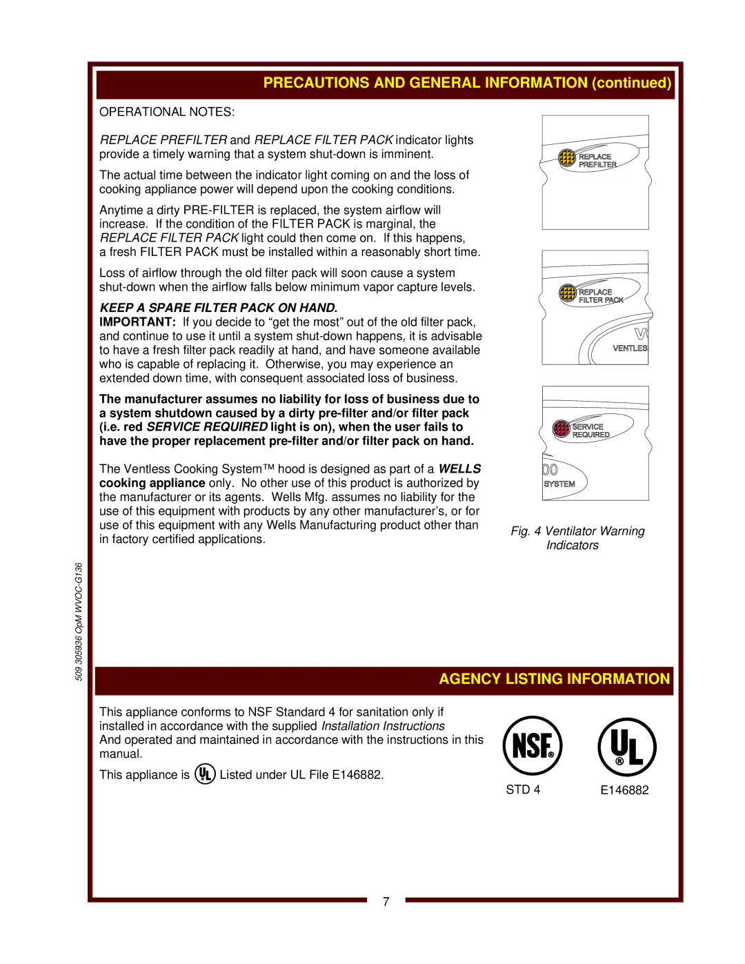 Wells WVOC-G136 operation manual Ventilator Warning Indicators, Std 