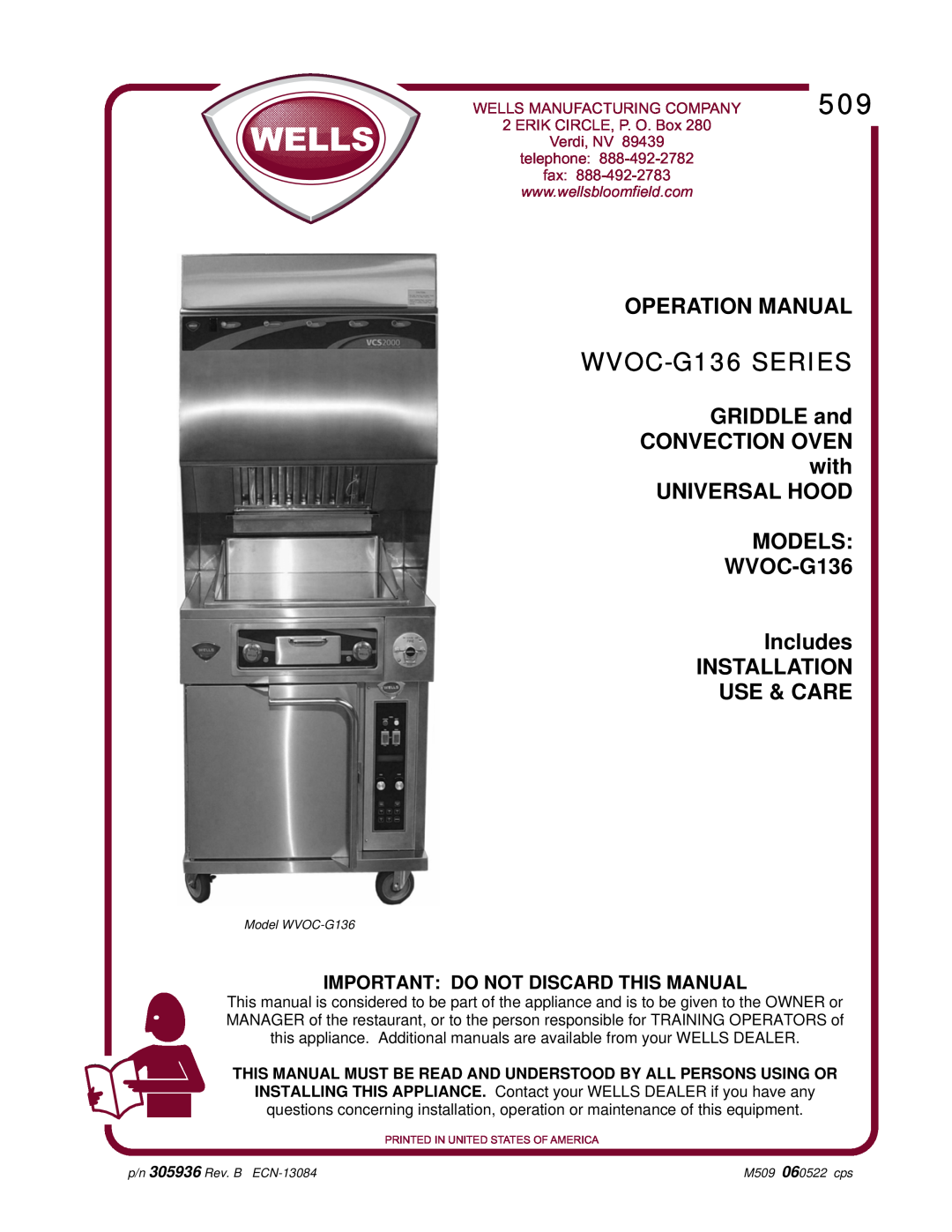 Wells operation manual GRIDDLE and, UNIVERSAL HOOD MODELS WVOC-G136 Includes INSTALLATION USE & CARE, WVOC-G136 SERIES 