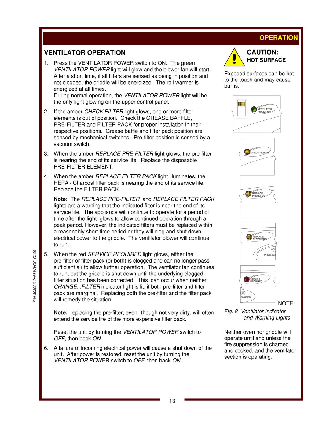 Wells WVOC-G136 operation manual Ventilator Operation, Ventilator Indicator and Warning Lights, Hot Surface 