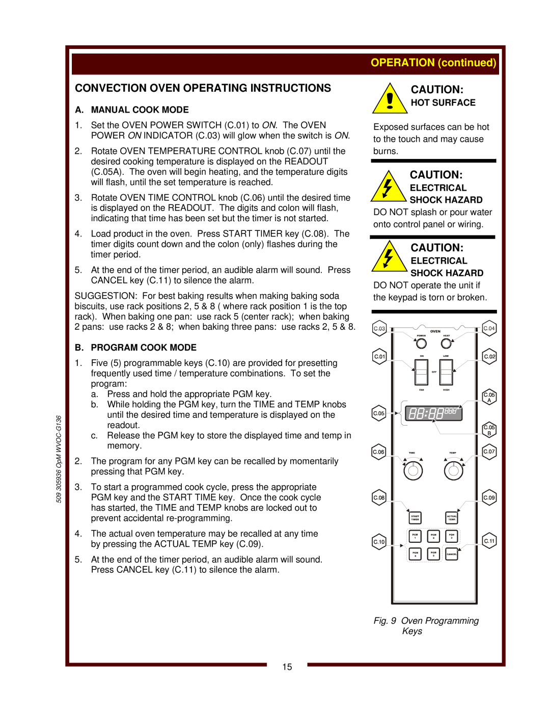 Wells WVOC-G136 Convection Oven Operating Instructions, A. Manual Cook Mode, B. Program Cook Mode, Electrical, Hot Surface 
