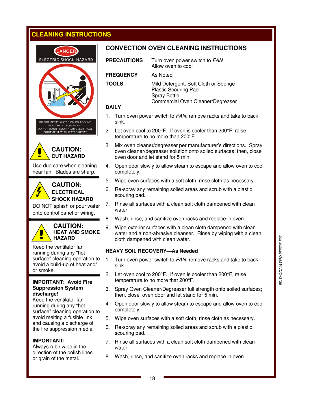 Wells WVOC-G136 Convection Oven Cleaning Instructions, Cut Hazard, Heat And Smoke Hazard, Precautions, Frequency 