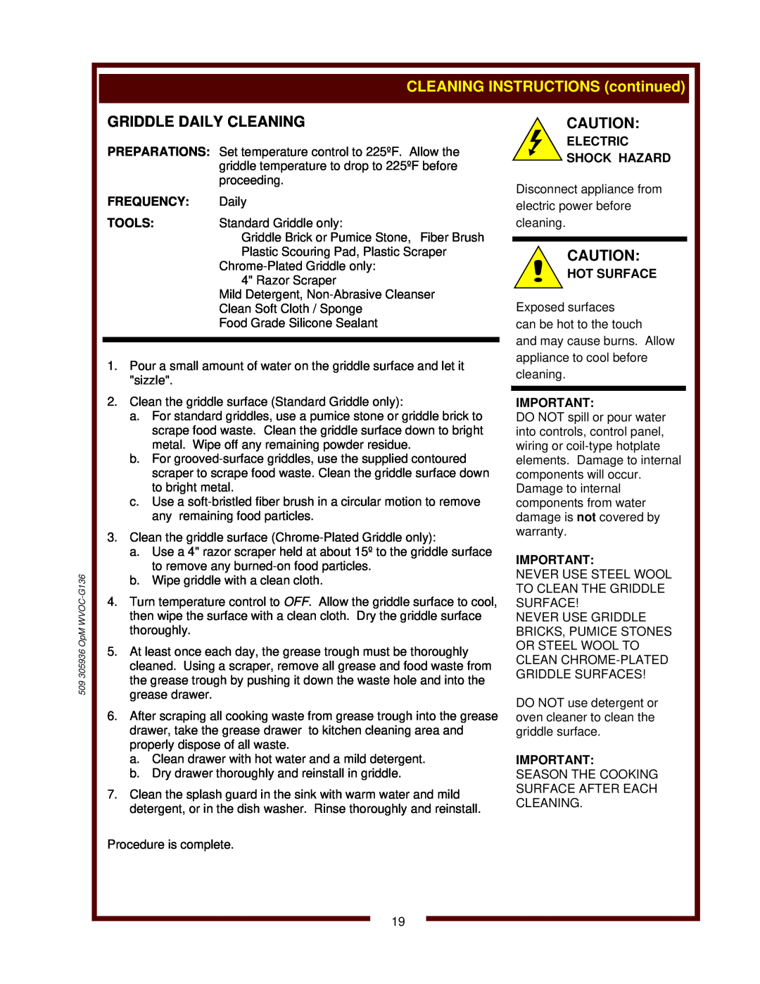 Wells operation manual CLEANING INSTRUCTIONS continued, 509 305936 OpM WVOC-G136 