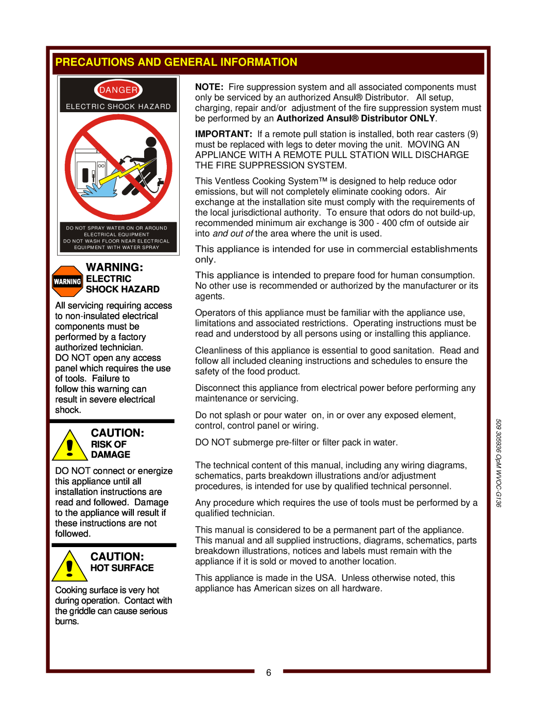 Wells WVOC-G136 operation manual Electric Shock Hazard, Risk Of Damage, Hot Surface 