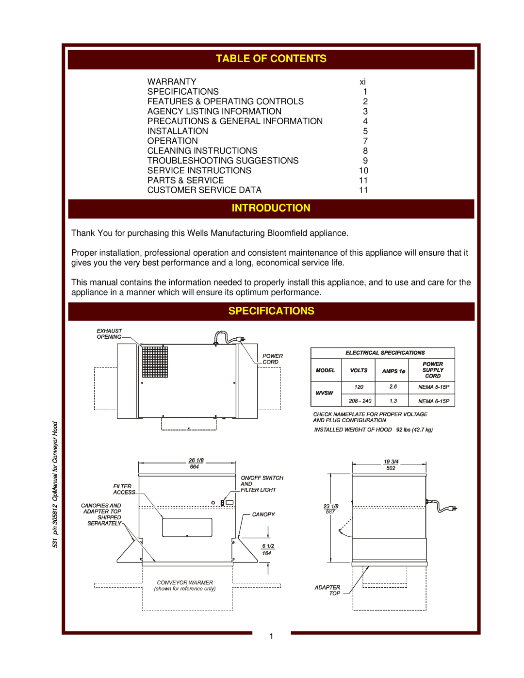 Wells WVSW VENTLESS HOOD owner manual Introduction, 531 p/n 305812 OpManual for Conveyor Hood 