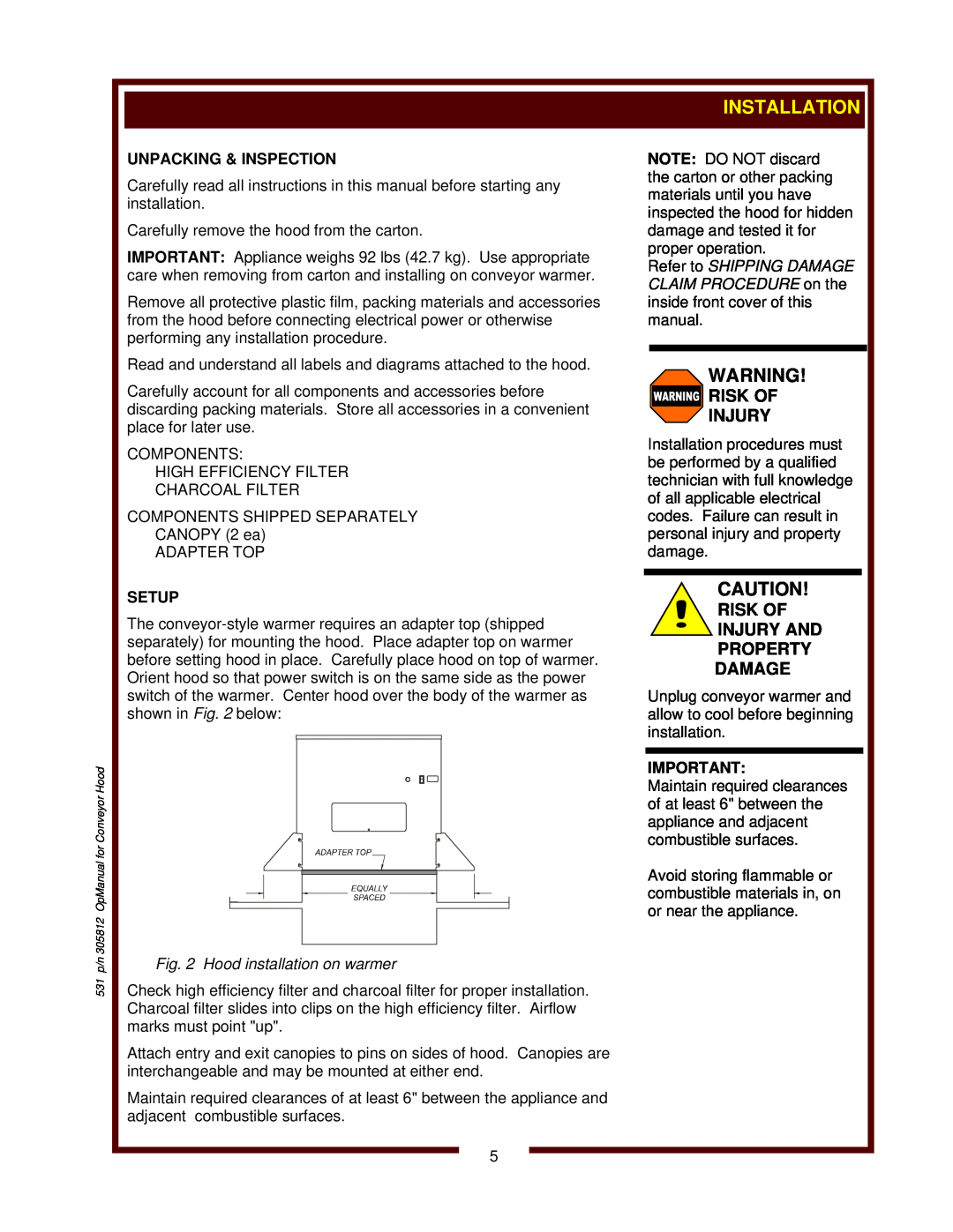 Wells WVSW VENTLESS HOOD owner manual 531 p/n 305812 OpManual for Conveyor Hood 