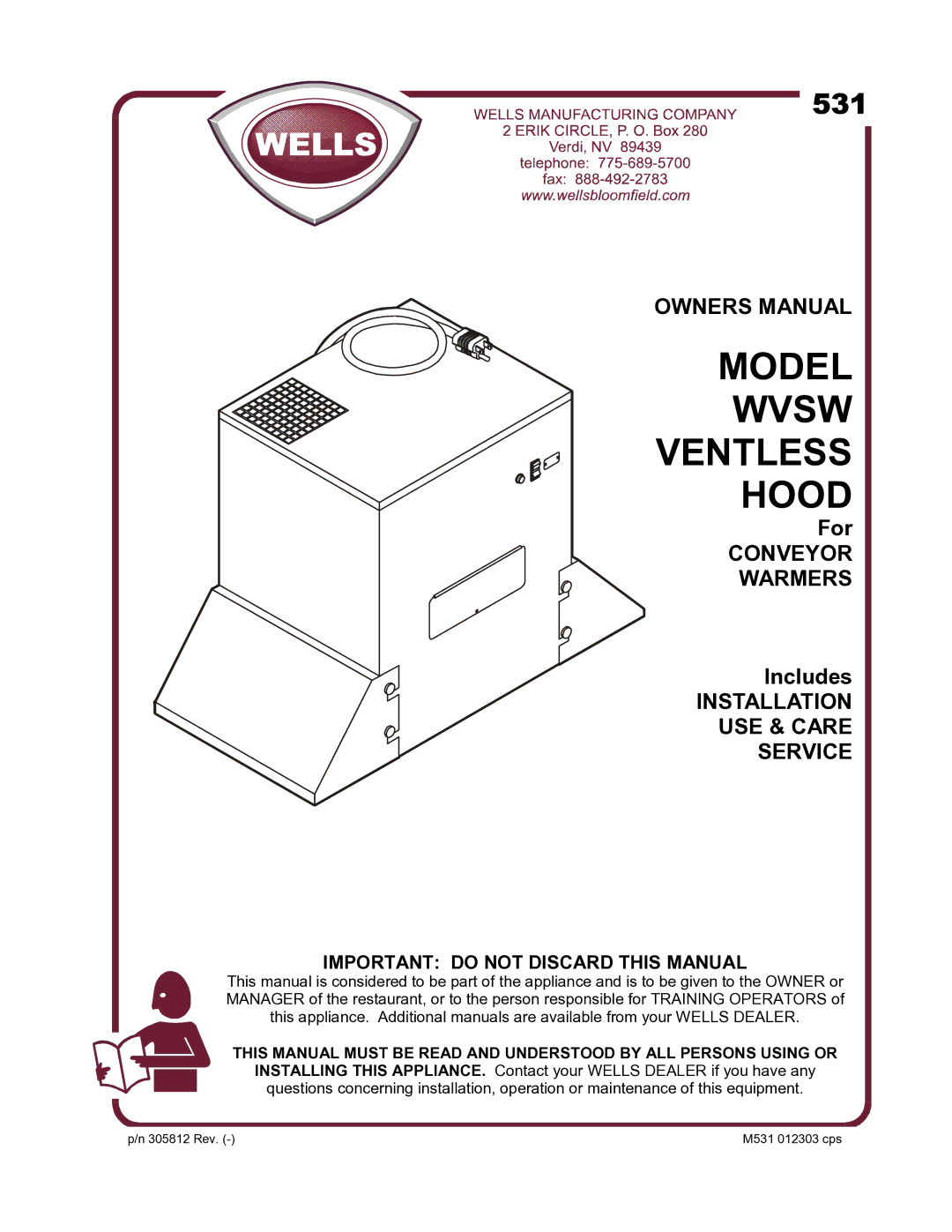 Wells WVSW owner manual Model Wvsw Ventless Hood 