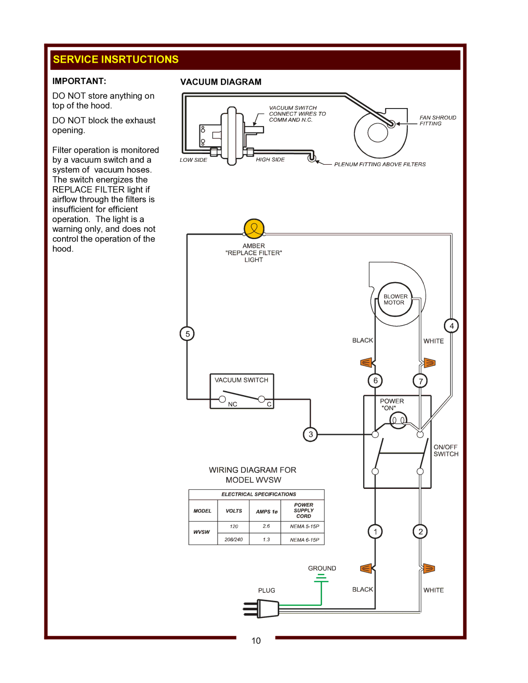 Wells WVSW owner manual Service Insrtuctions, Vacuum Diagram 