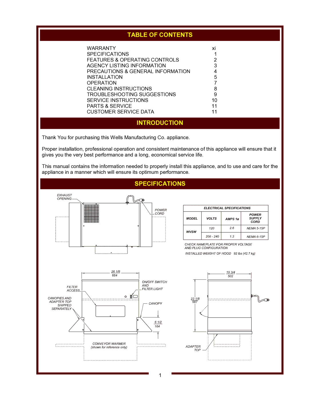 Wells WVSW owner manual Table of Contents, Introduction, Specifications 