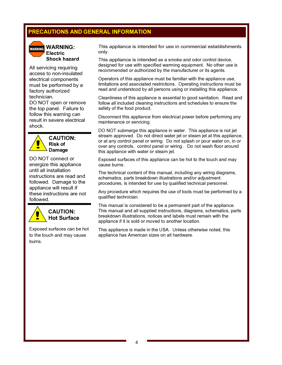 Wells WVSW owner manual Precautions and General Information, Hot Surface 