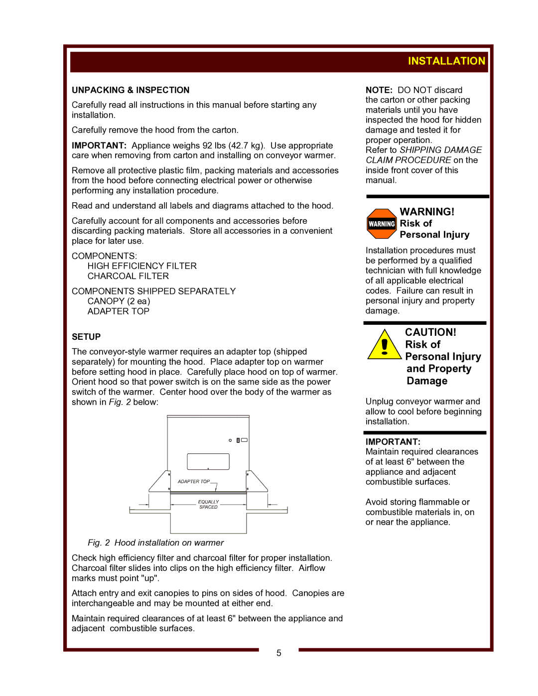 Wells WVSW owner manual Installation, Risk Personal Injury Property Damage, Unpacking & Inspection, Setup 