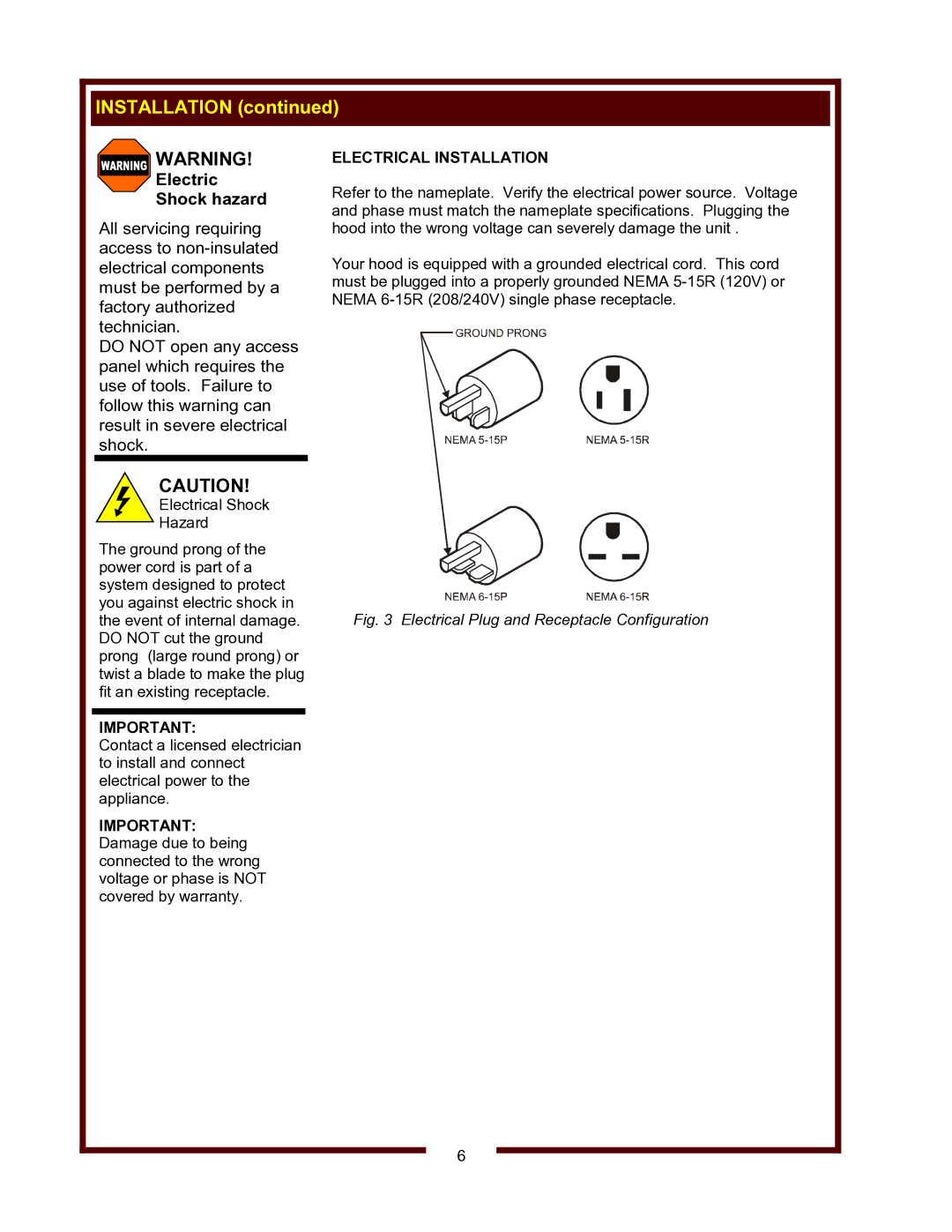 Wells WVSW owner manual Electrical Installation 