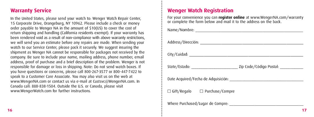 Wenger 70832 instruction manual Warranty Service Wenger Watch Registration 