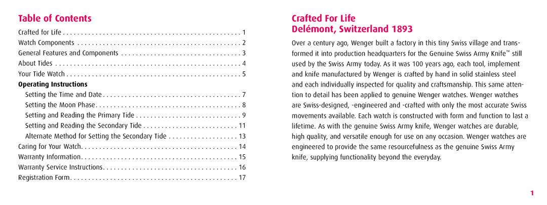 Wenger 70832 instruction manual Table of Contents, Crafted For Life Delémont, Switzerland 