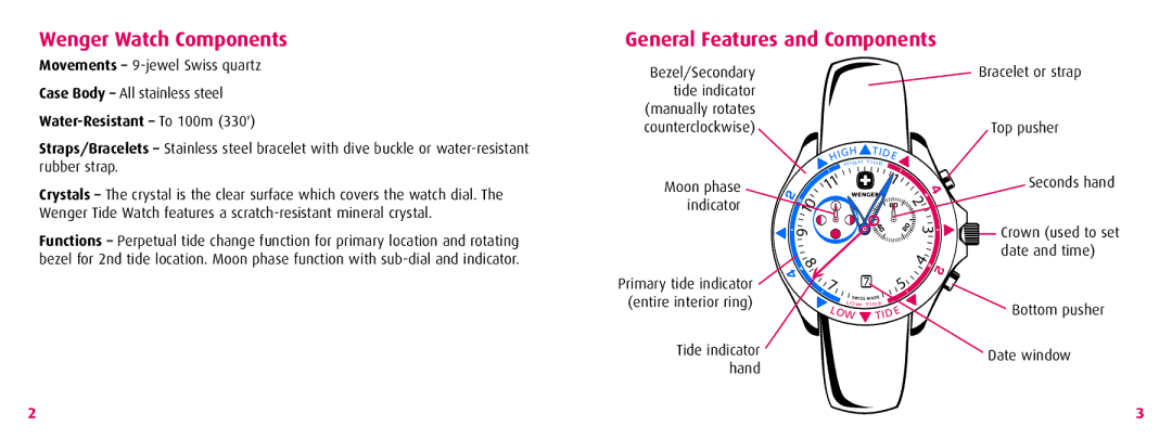 Wenger 70832 instruction manual Wenger Watch Components General Features and Components, Water-Resistant To 100m 