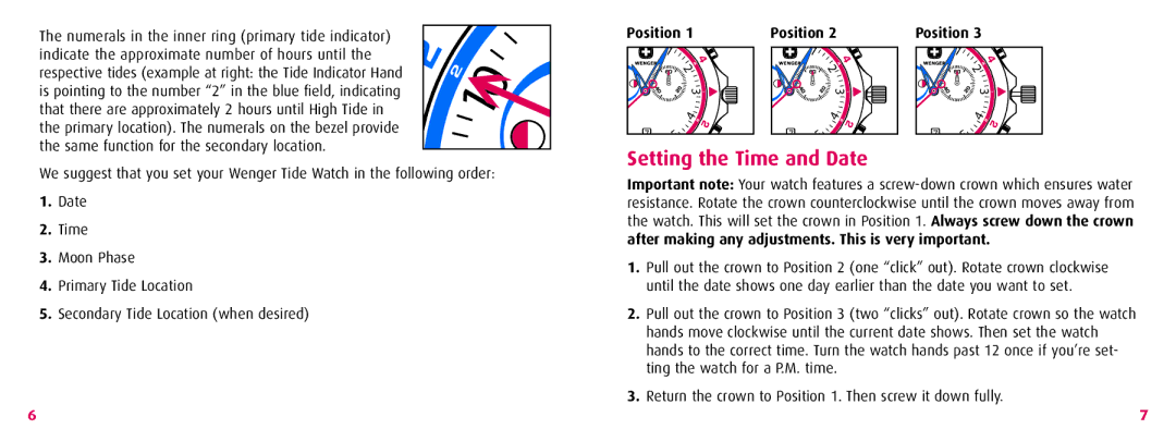 Wenger 70832 instruction manual Setting the Time and Date, Position 