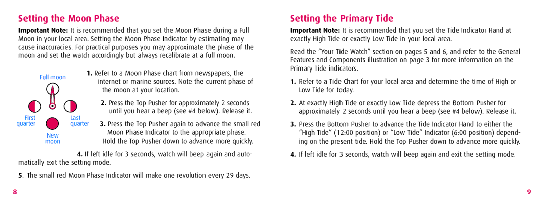 Wenger 70832 instruction manual Setting the Moon Phase, Setting the Primary Tide 