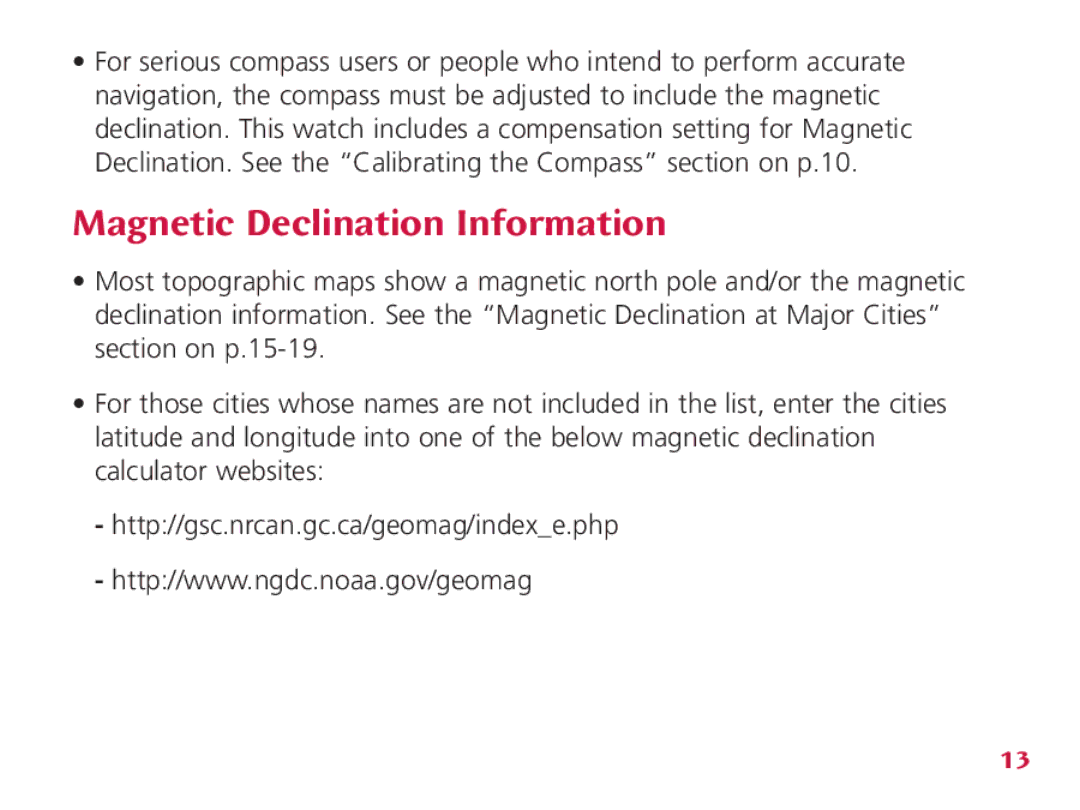 Wenger Nomad instruction manual Magnetic Declination Information 