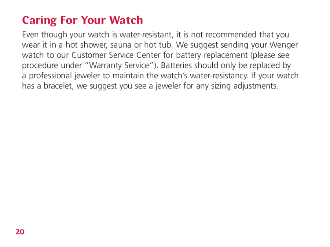 Wenger Nomad instruction manual Caring For Your Watch 