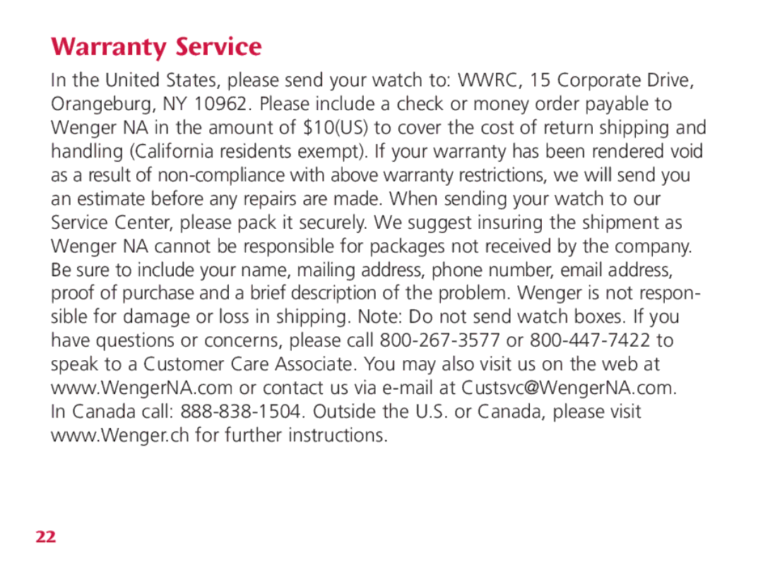 Wenger Nomad instruction manual Warranty Service 