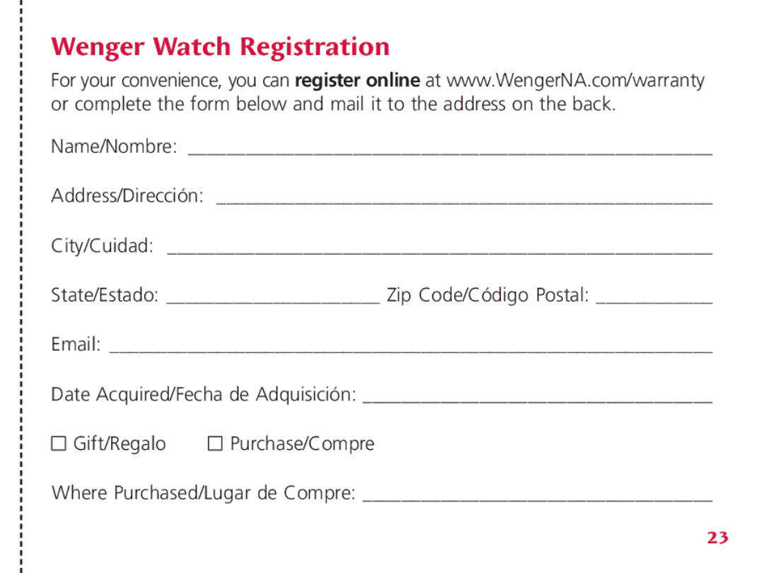 Wenger Nomad instruction manual Wenger Watch Registration 