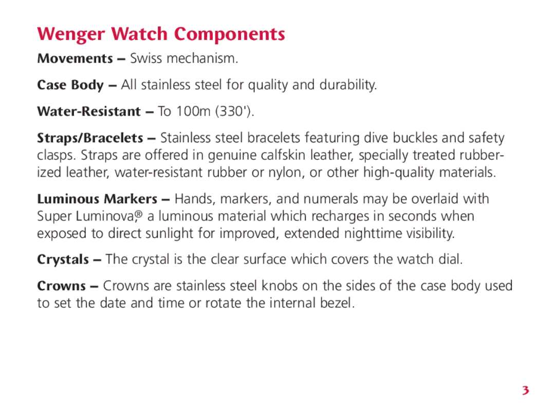 Wenger Nomad instruction manual Wenger Watch Components, Water-Resistant To 100m 