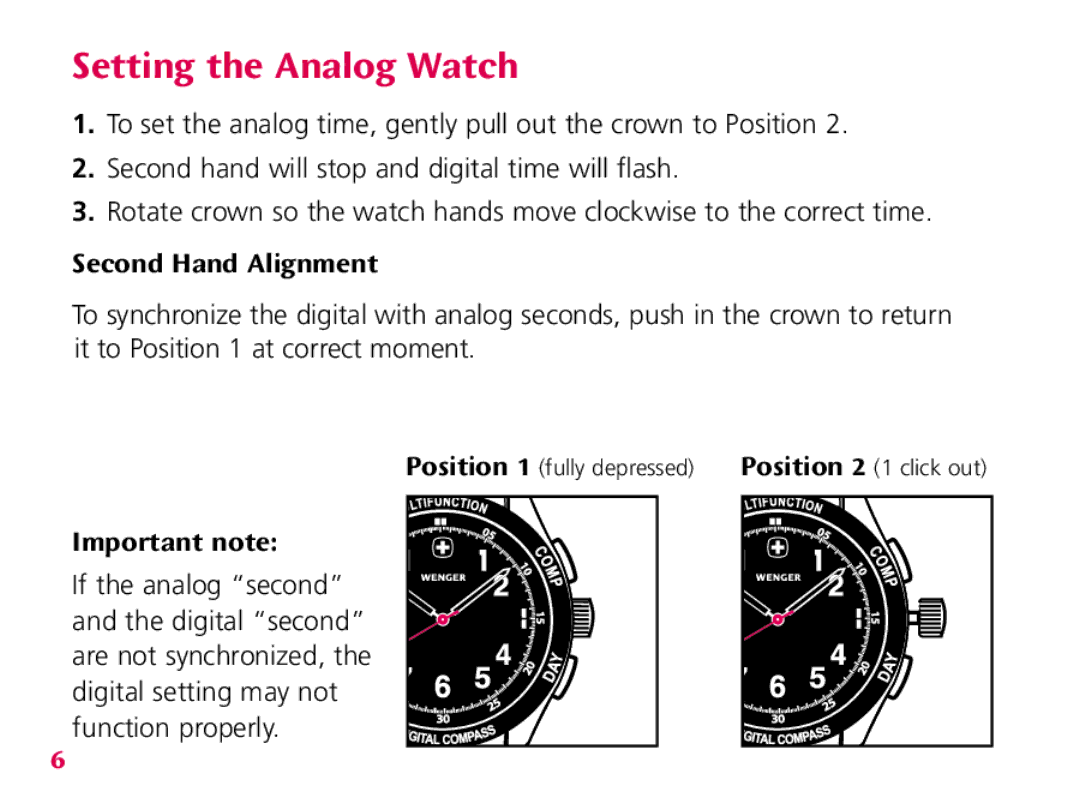 Wenger Nomad instruction manual Setting the Analog Watch, Second Hand Alignment 