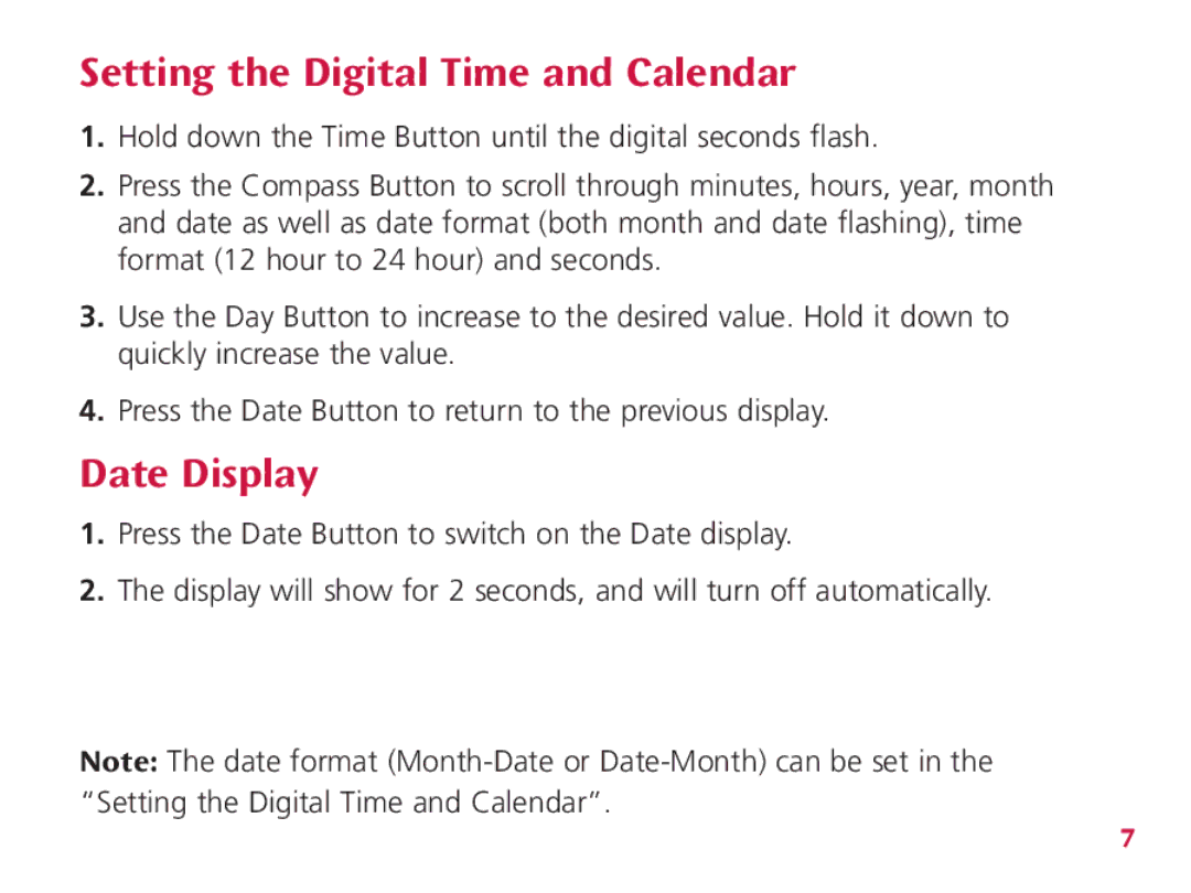 Wenger Nomad instruction manual Setting the Digital Time and Calendar, Date Display 