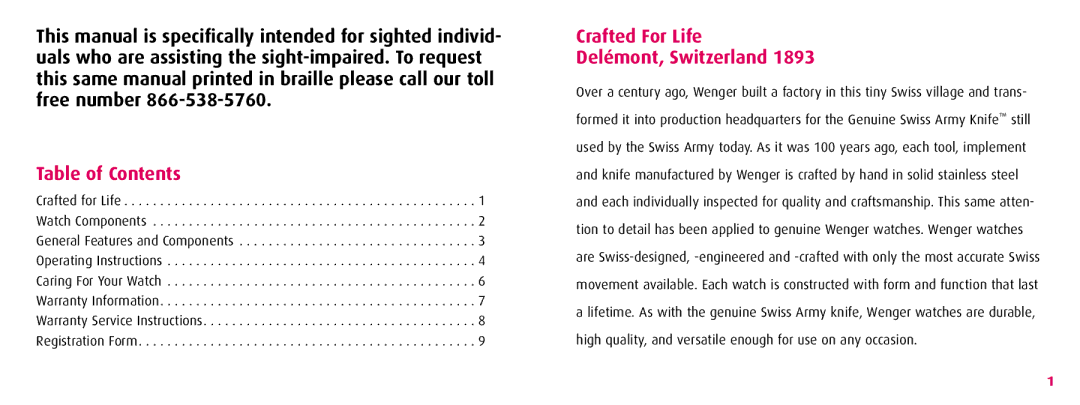 Wenger TerraGraph instruction manual Table of Contents, Crafted For Life Delémont, Switzerland 
