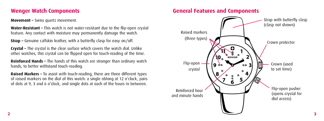 Wenger TerraGraph instruction manual Wenger Watch Components, Movement Swiss quartz movement 