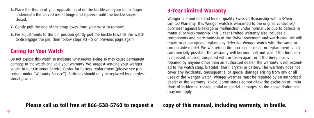 Wenger TerraGraph instruction manual Caring for Your Watch, Year Limited Warranty 