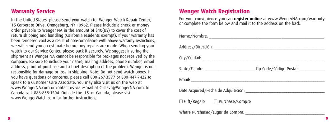 Wenger TerraGraph instruction manual Warranty Service Wenger Watch Registration 