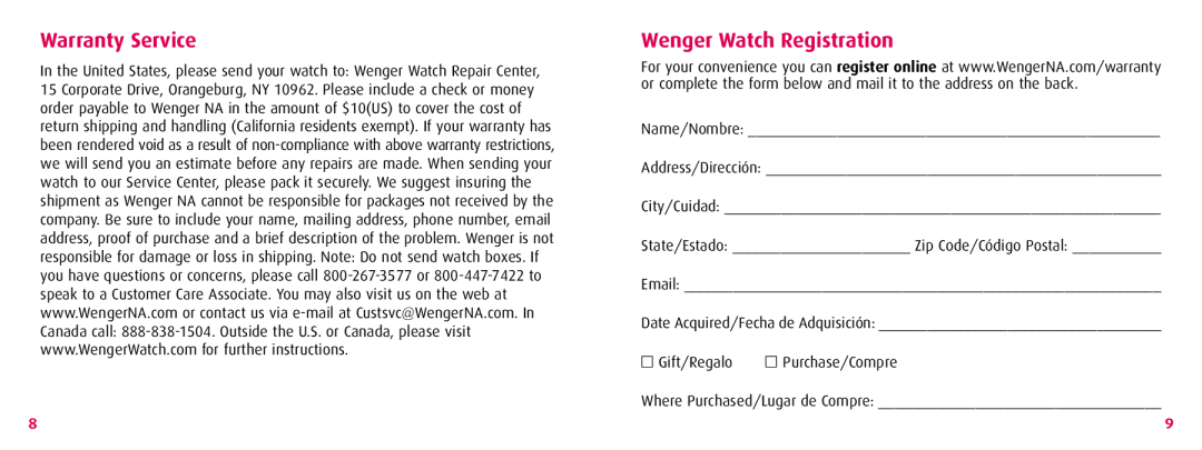 Wenger TerraGraph instruction manual Warranty Service, Wenger Watch Registration, Name/Nombre Address/Dirección City/Cuidad 