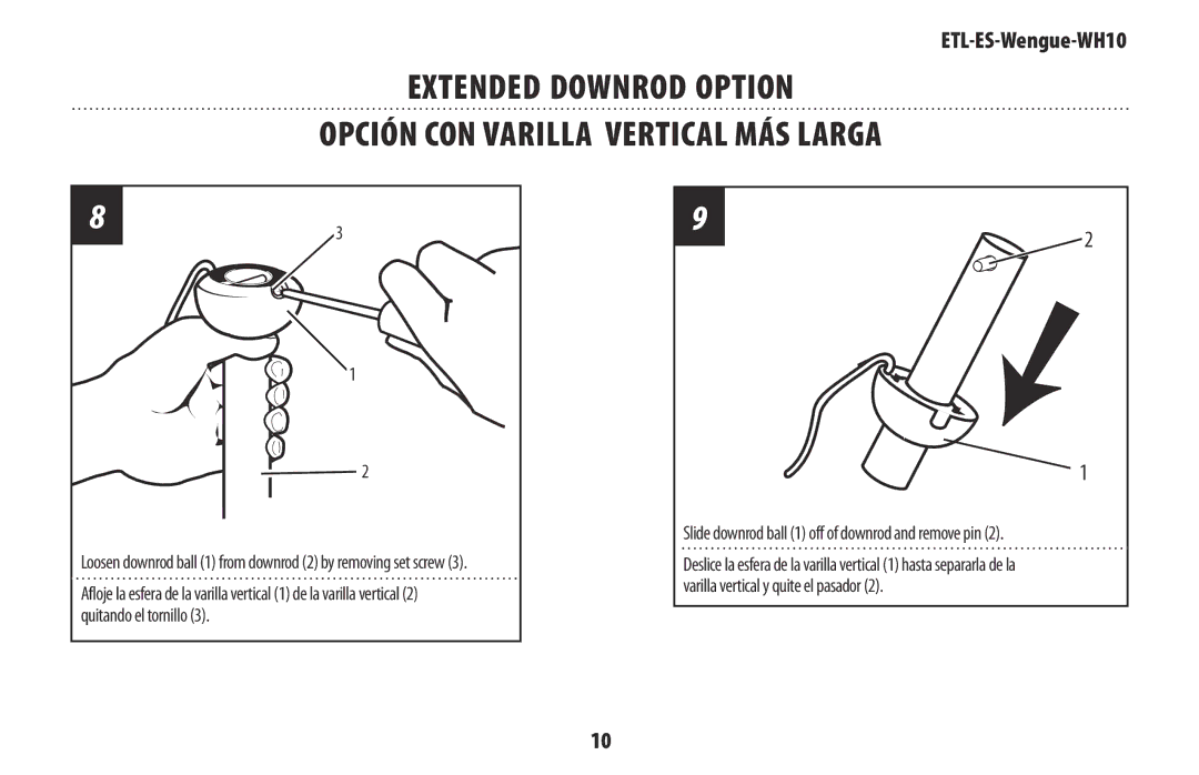 Wenger WH10 owner manual Loosen downrod ball 1 from downrod 2 by removing set screw 