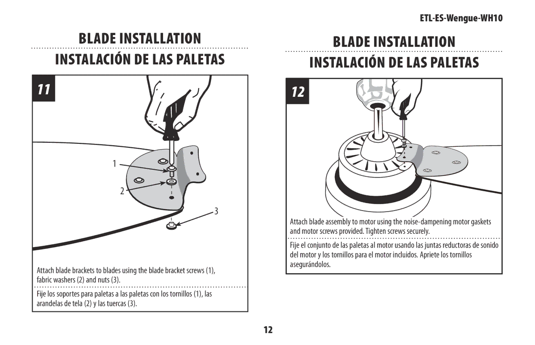 Wenger WH10 owner manual Blade Installation Instalación de las paletas 